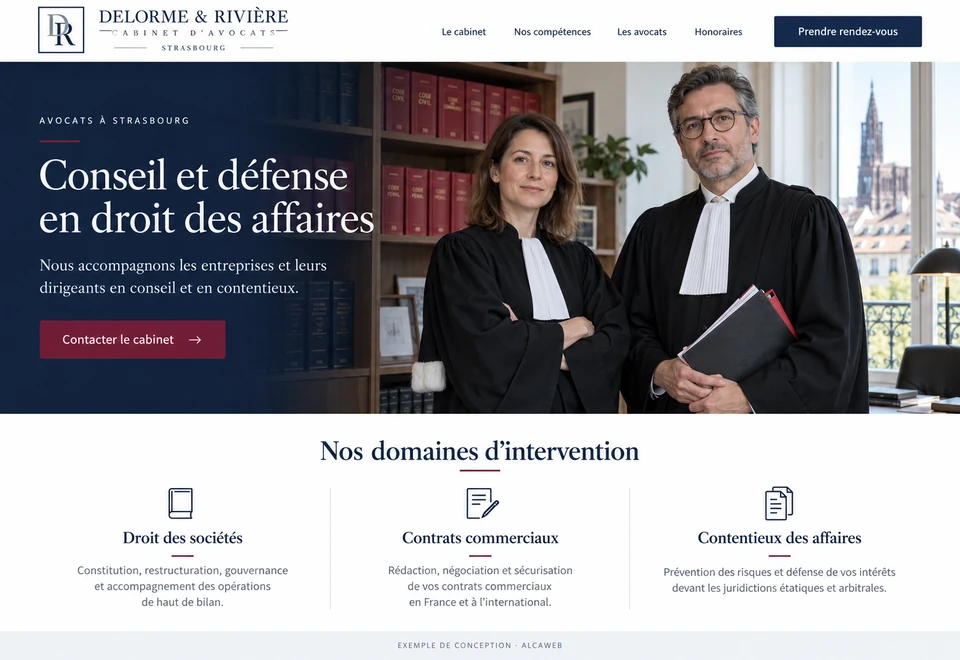 Exemple de conception Delorme et Rivière : cabinet d’avocats à Strasbourg, portraits en robe et domaines du droit des affaires
