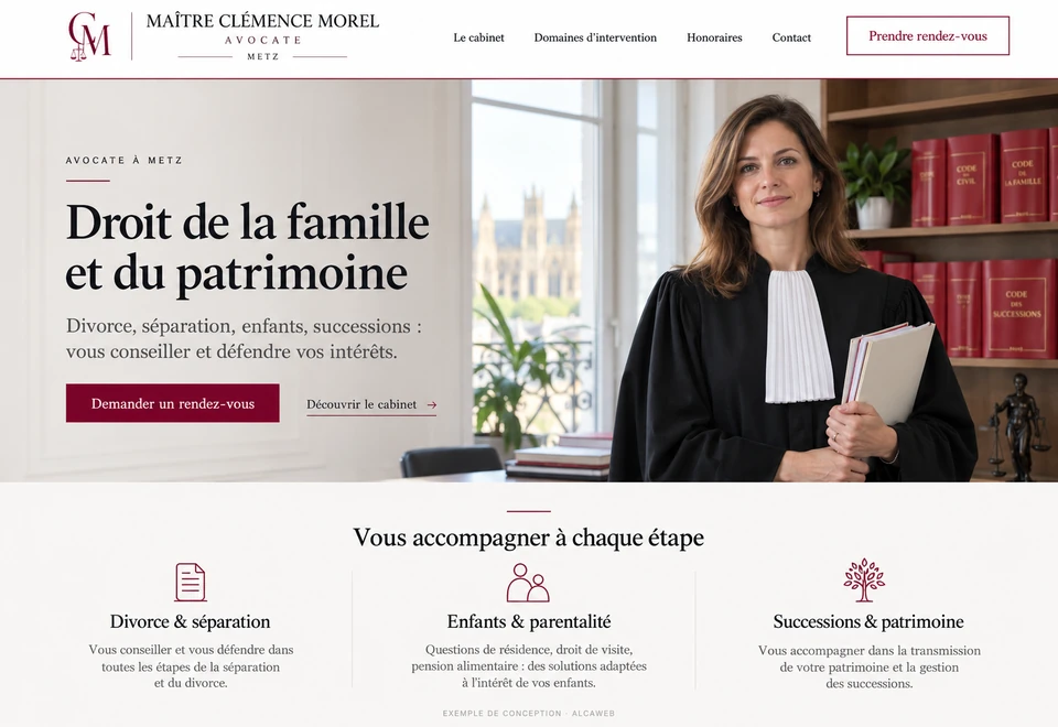 Exemple de conception Maître Clémence Morel : avocate à Metz, portrait en robe et présentation du droit de la famille et du patrimoine