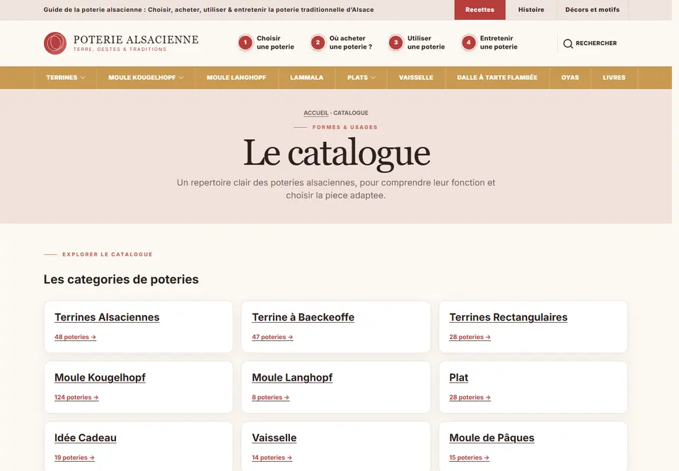 Catalogue Poterie-Alsacienne.fr organisé par familles de terrines, moules à kougelhopf et plats.