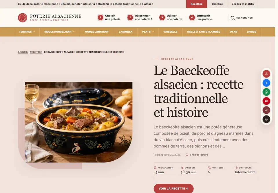 Page de recette du baeckeoffe sur Poterie-Alsacienne.fr, avec photographie, préparation, cuisson, portions et difficulté.